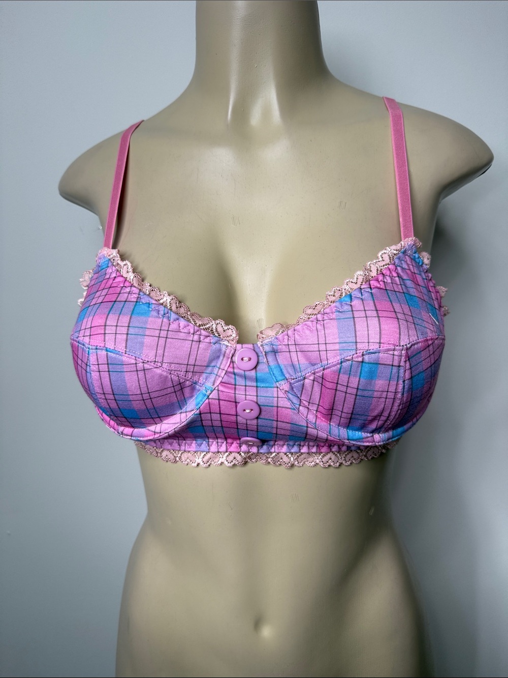 Sugar Thrillz Pink & Blue Plaid Lace-Trim Underwire Bra